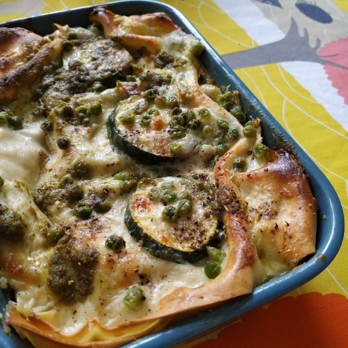 A pasta bake with courgettes and pesto