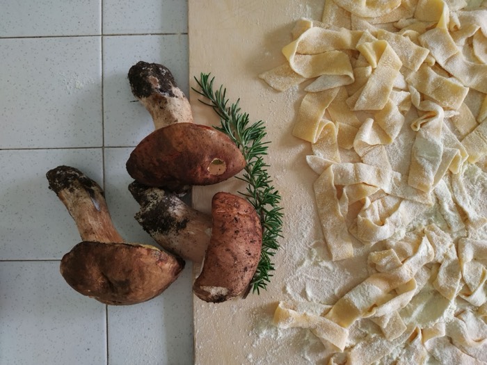 Porcini mushrooms and rosemary beside fresh pappardelle